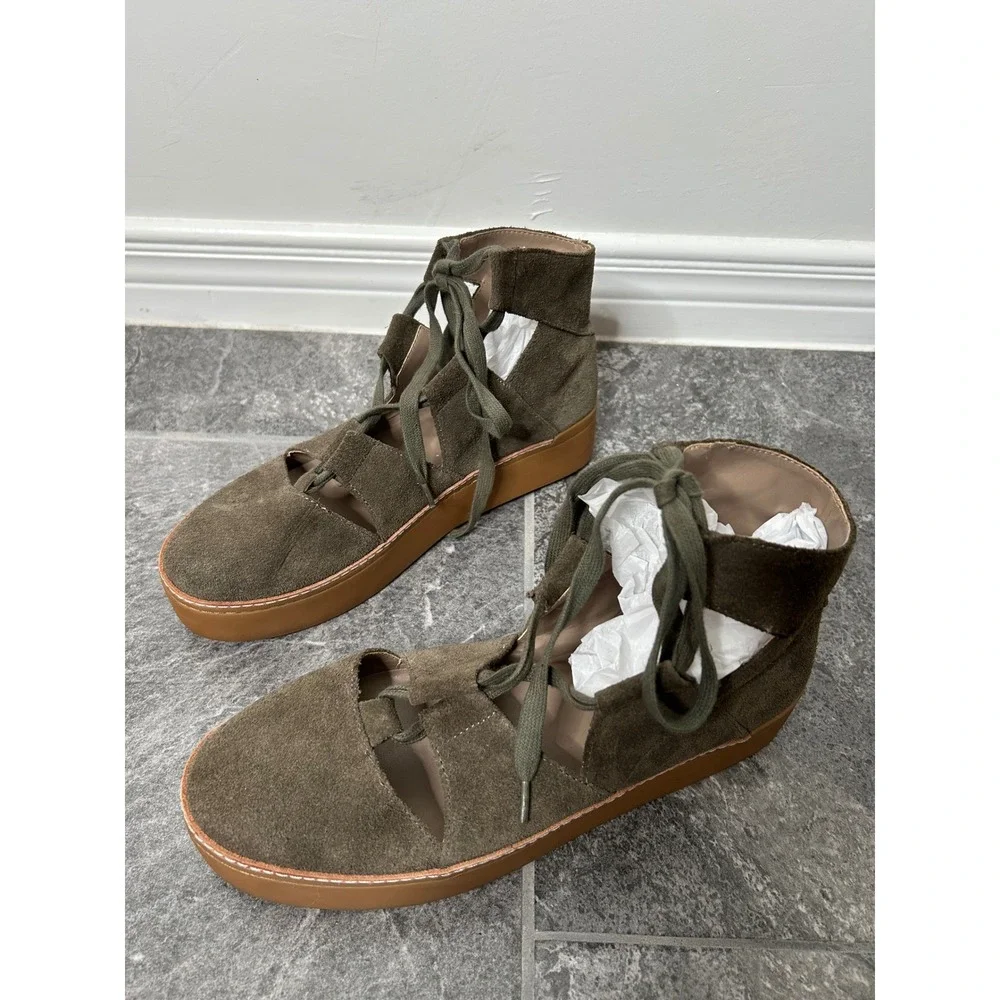 Anthropologie M4D3 Platform Gladiator Ankle Shoe Size 9 Olive Brown Suede Fall